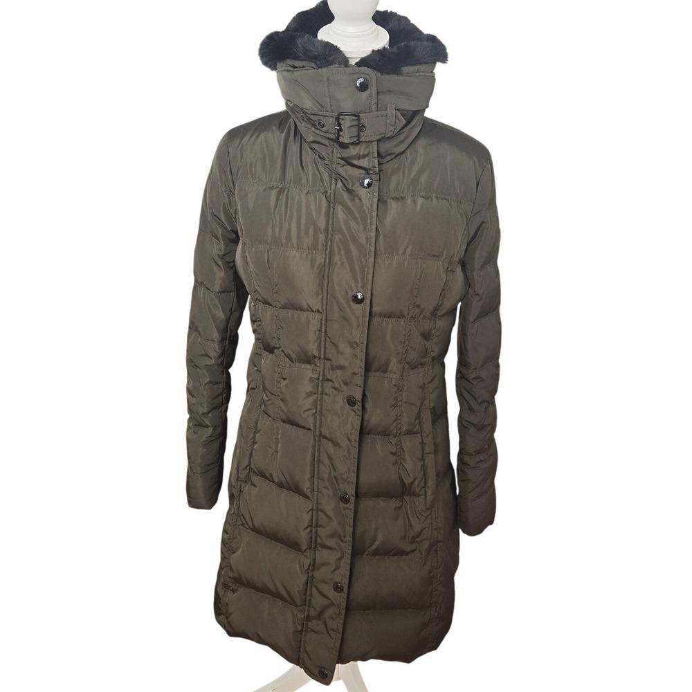 Michael Kors Women's Hooded Puffer Coat Faux Fur Down Fill Olive Green Small